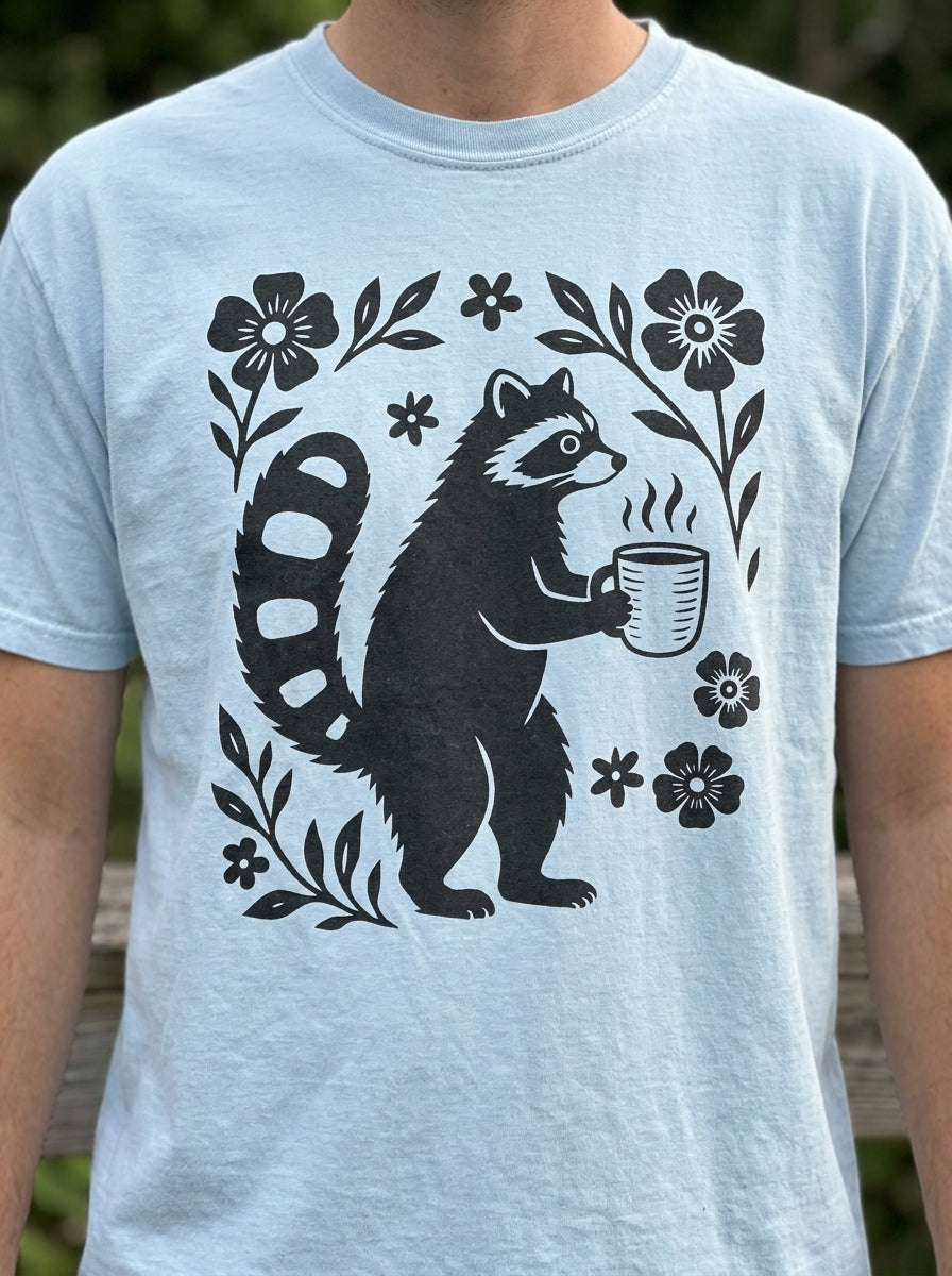 Raccoon Coffee Shirt Floral Folk Art Tee