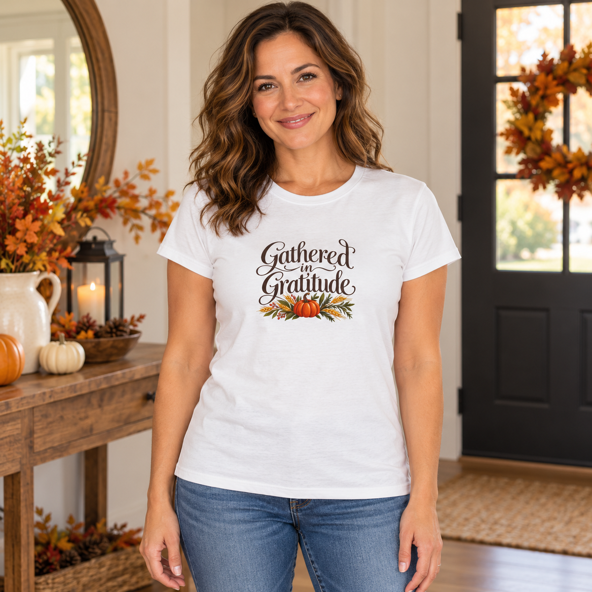 Gathered in Gratitude Women's Thanksgiving Shirt | Gildan 64000L