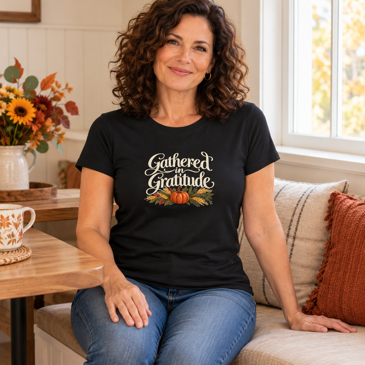 Gathered in Gratitude Women's Thanksgiving Shirt | Gildan 64000L