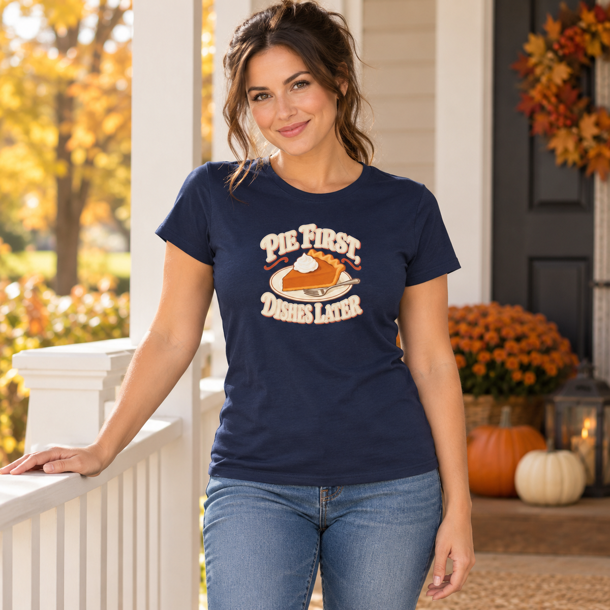 Pie First, Dishes Later Women's Thanksgiving Shirt | Gildan 64000L
