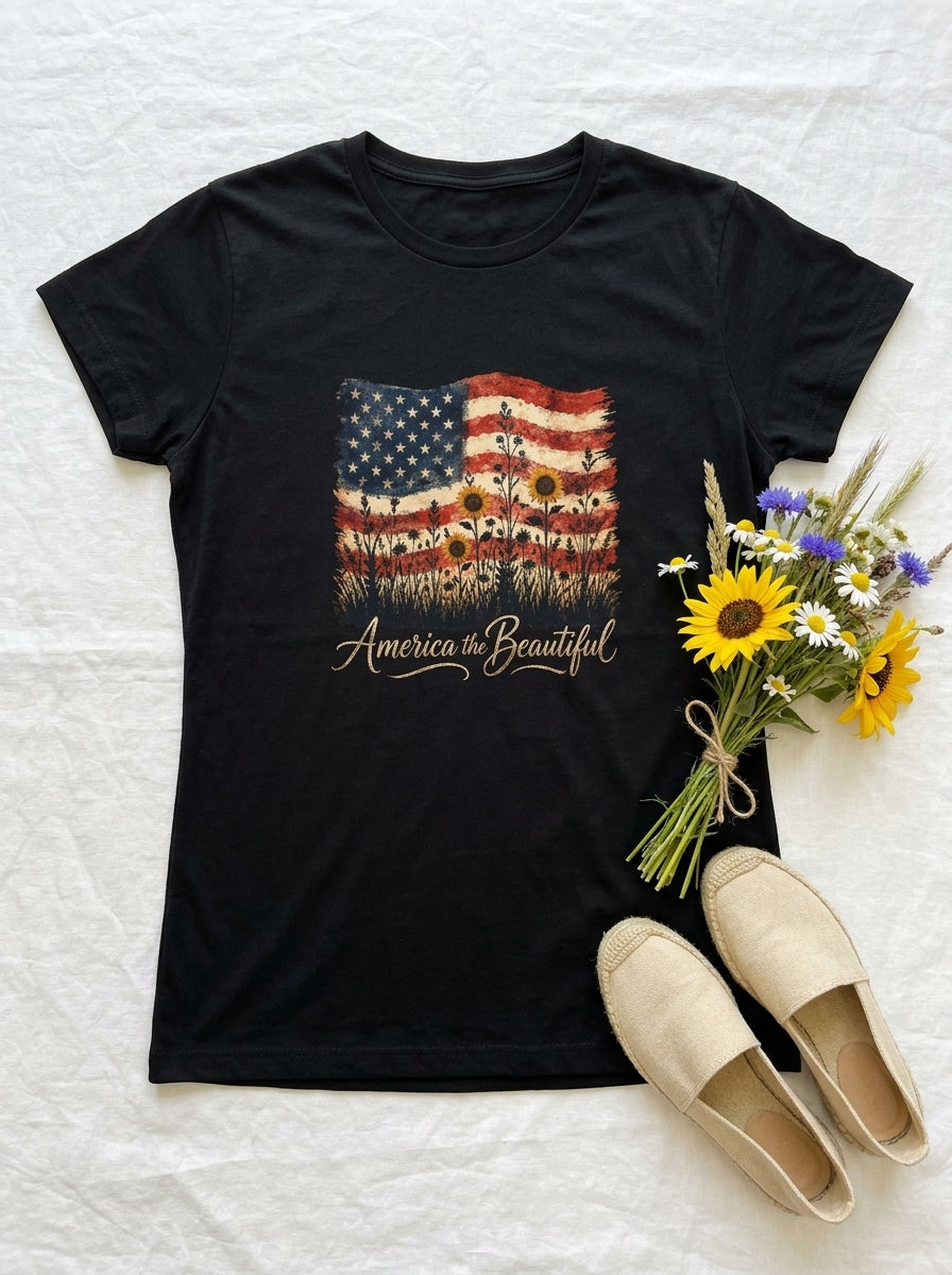 Women's America the Beautiful Shirt Vintage Flag Wildflowers