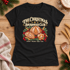 Christmas Sourdough Club — Black Gildan 64000L women’s semi-fitted tee, styled flat lay