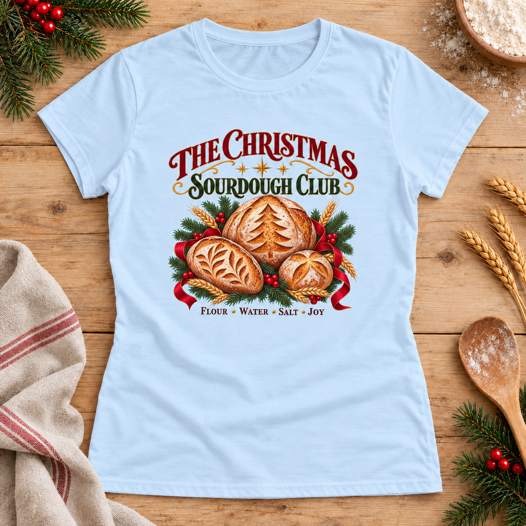Christmas Sourdough Club — Light Blue Gildan 64000L women’s semi-fitted tee, styled flat lay
