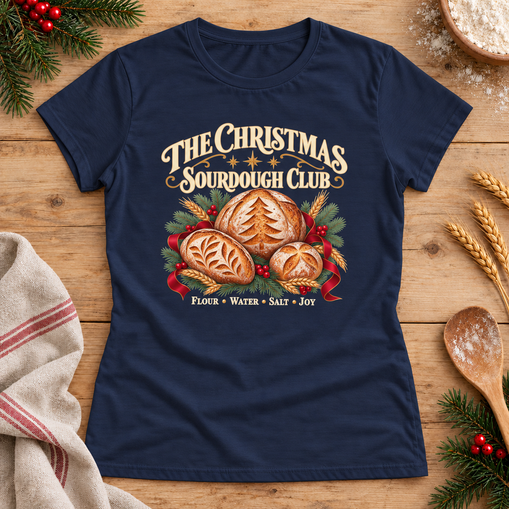 Christmas Sourdough Club — Navy Gildan 64000L women’s semi-fitted tee, styled flat lay