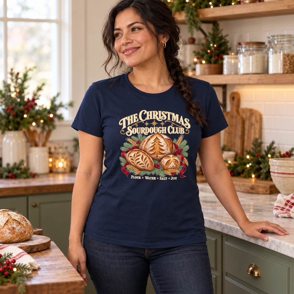 Christmas Sourdough Club — Navy Gildan 64000L women’s semi-fitted tee, women’s lifestyle mockup