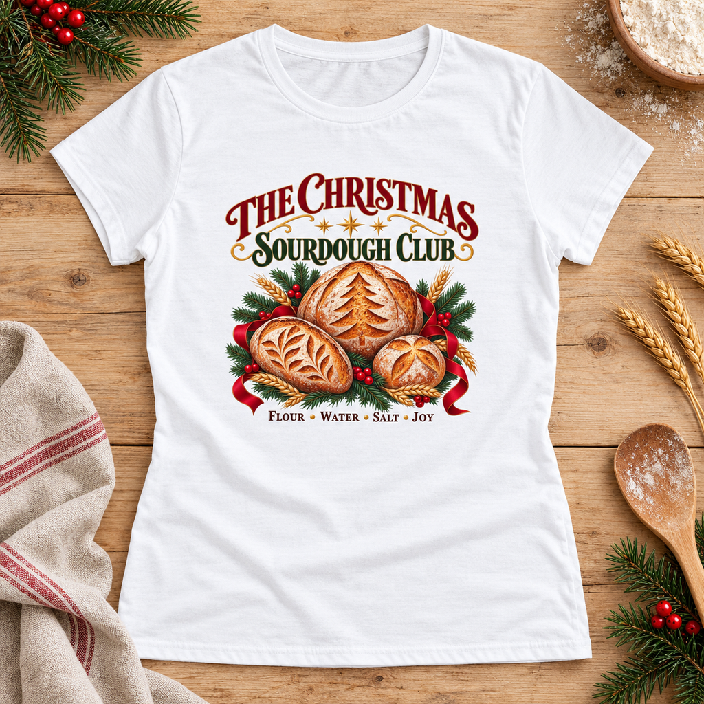 Christmas Sourdough Club — White Gildan 64000L women’s semi-fitted tee, styled flat lay