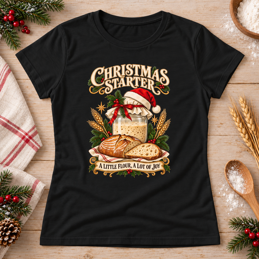 Christmas Starter — Black Gildan 64000L women’s semi-fitted tee, styled flat lay