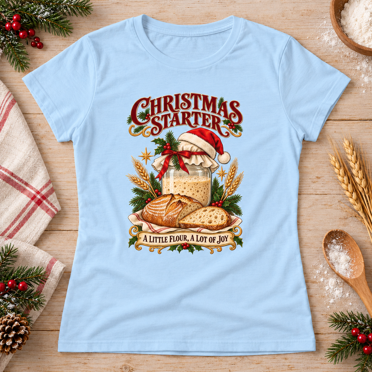 Christmas Starter — Light Blue Gildan 64000L women’s semi-fitted tee, styled flat lay