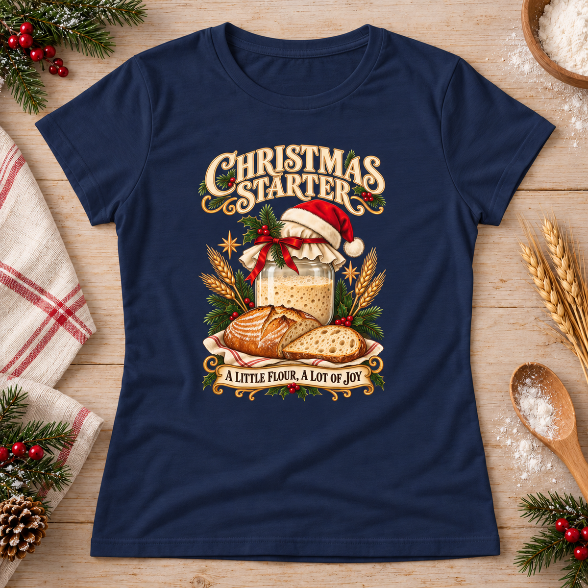 Christmas Starter — Navy Gildan 64000L women’s semi-fitted tee, styled flat lay