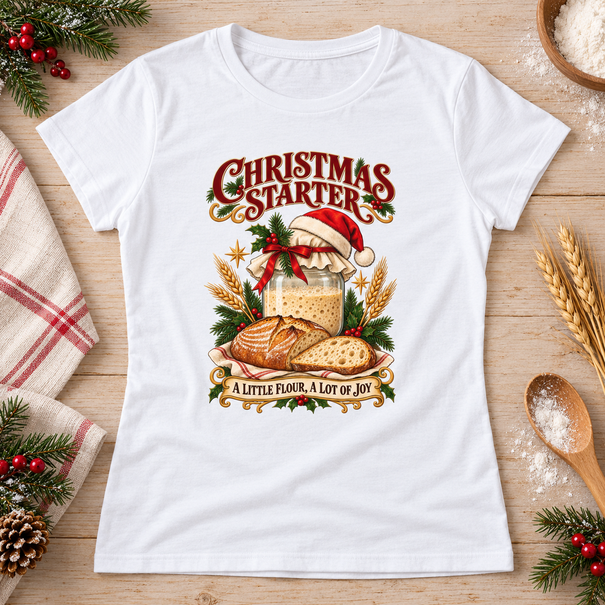 Christmas Starter — White Gildan 64000L women’s semi-fitted tee, styled flat lay