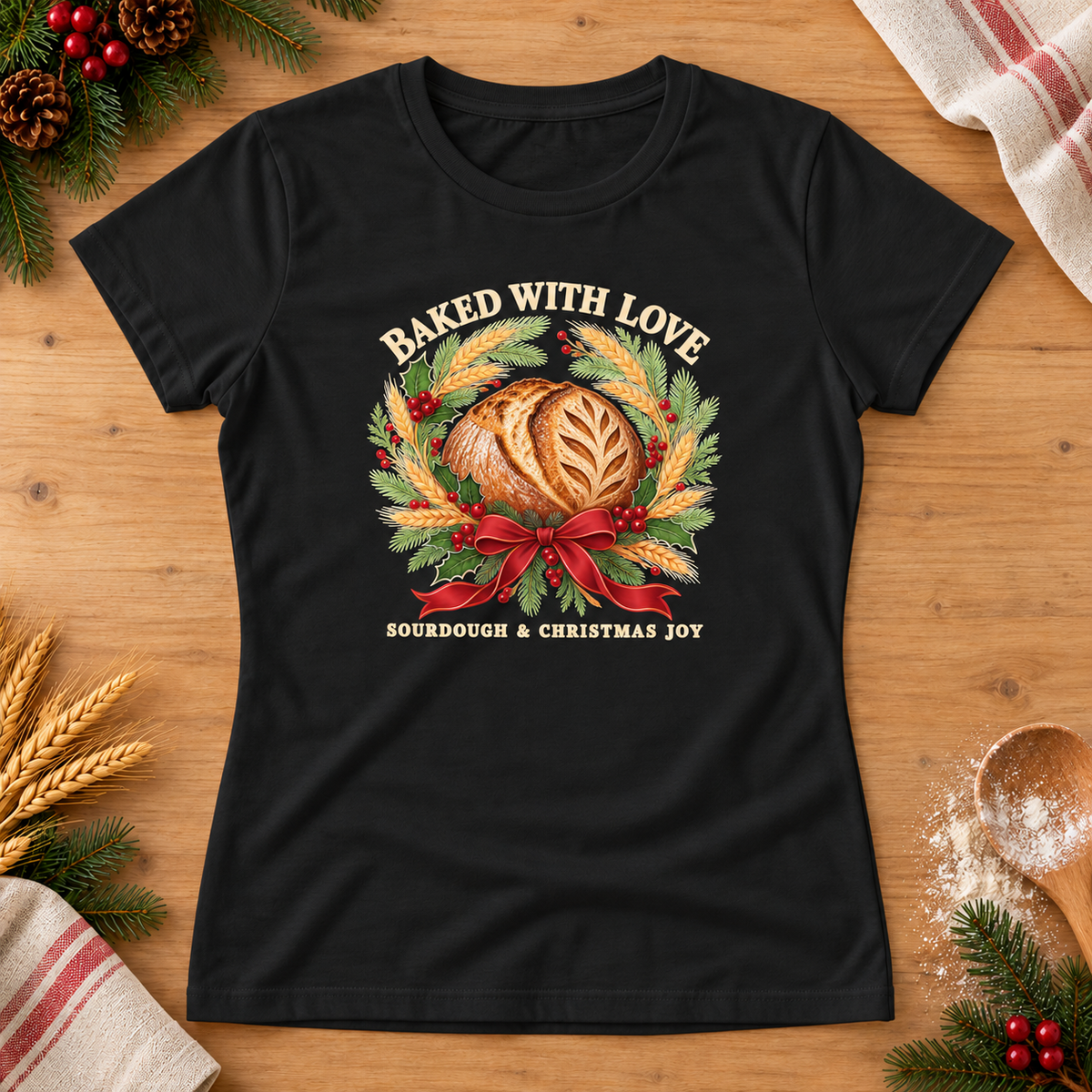 Baked with Love — Black Gildan 64000L women’s semi-fitted tee, styled flat lay