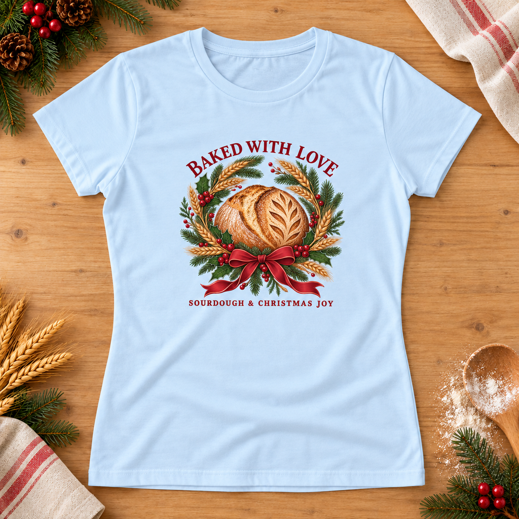Baked with Love — Light Blue Gildan 64000L women’s semi-fitted tee, styled flat lay