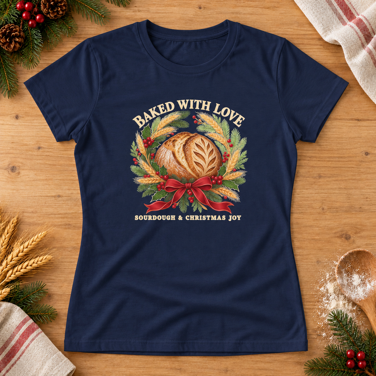 Baked with Love — Navy Gildan 64000L women’s semi-fitted tee, styled flat lay