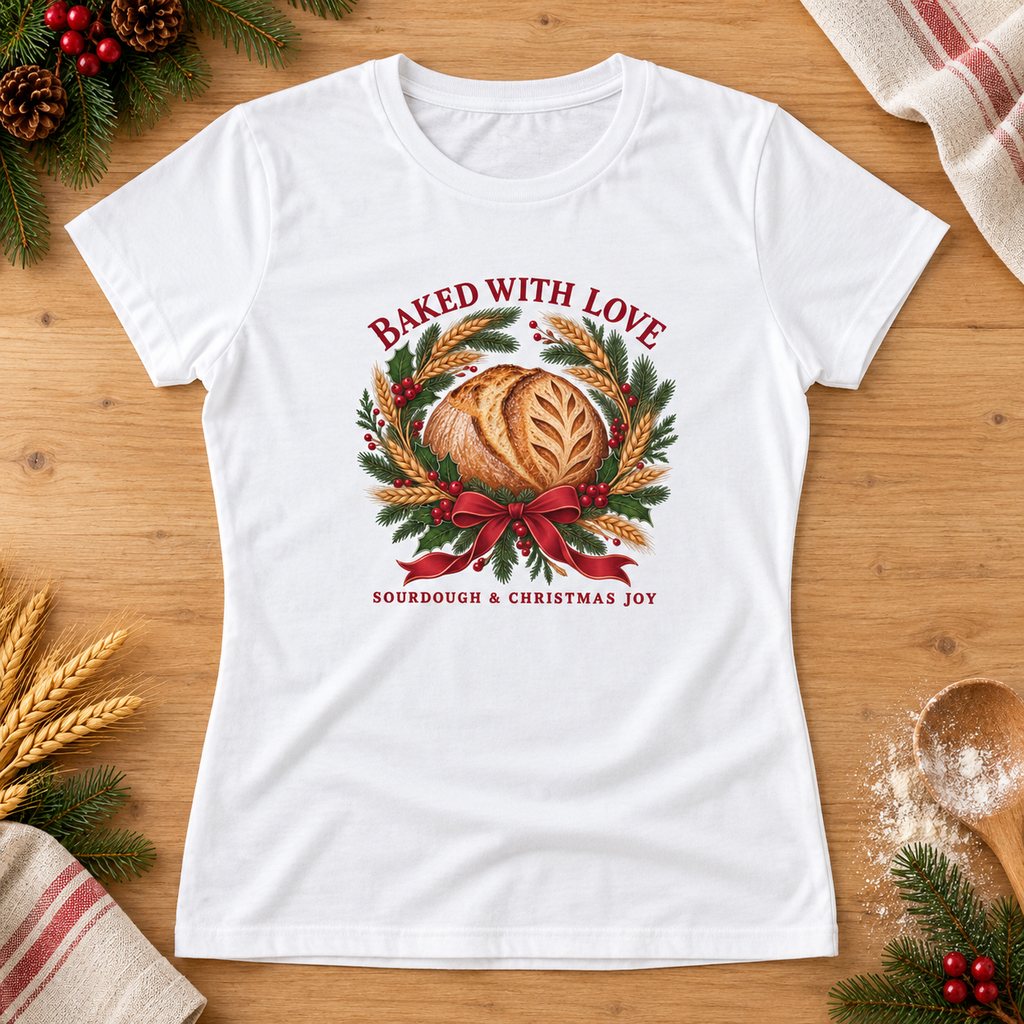 Baked with Love — White Gildan 64000L women’s semi-fitted tee, styled flat lay
