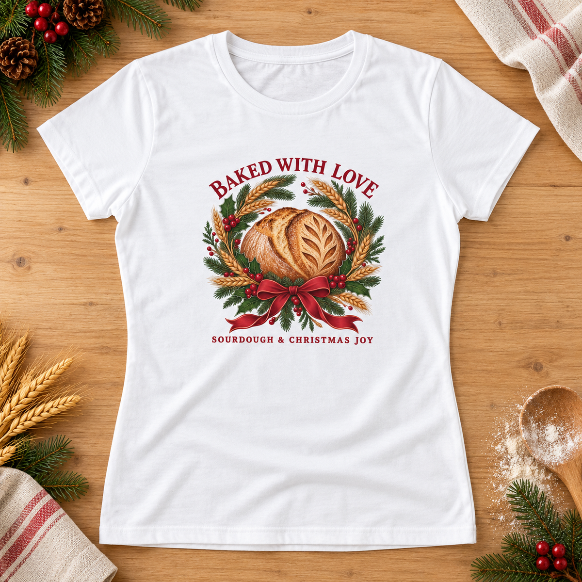 Baked with Love — White Gildan 64000L women’s semi-fitted tee, styled flat lay