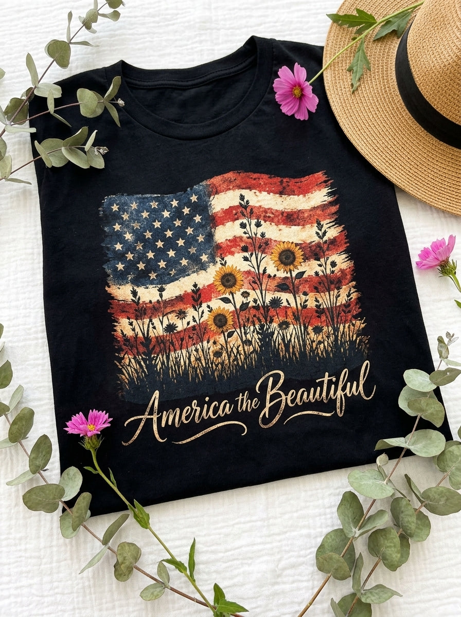 Women's America the Beautiful Shirt Vintage Flag Wildflowers