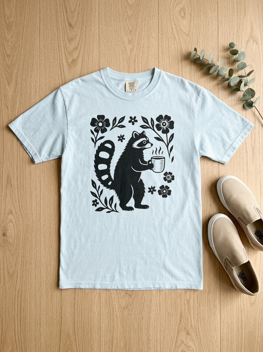 Raccoon Coffee Shirt Floral Folk Art Tee