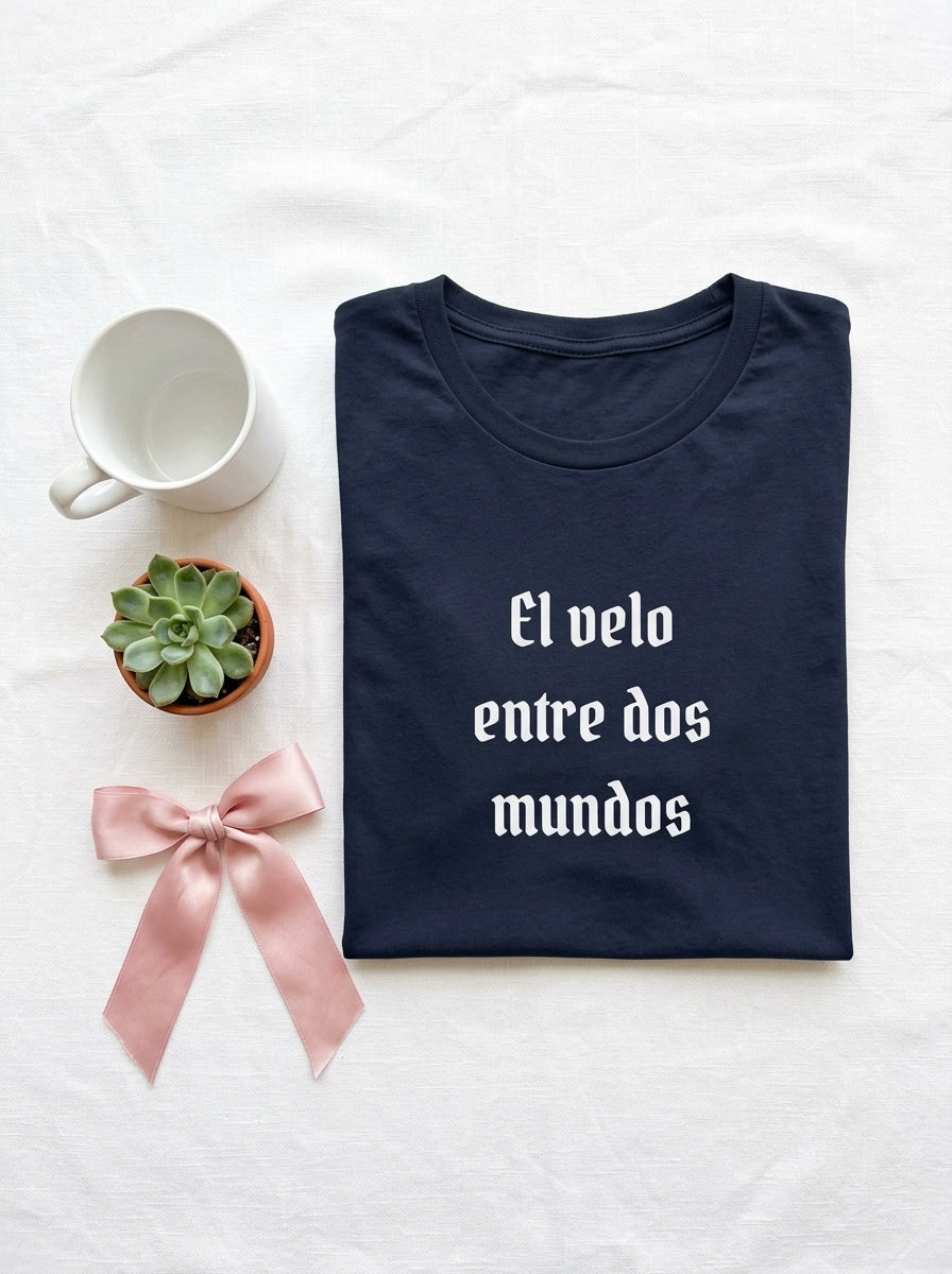 Women's El Velo Entre Dos Mundos Spanish Spiritual T-Shirt Latino Heritage Ancestral Mystic Tee