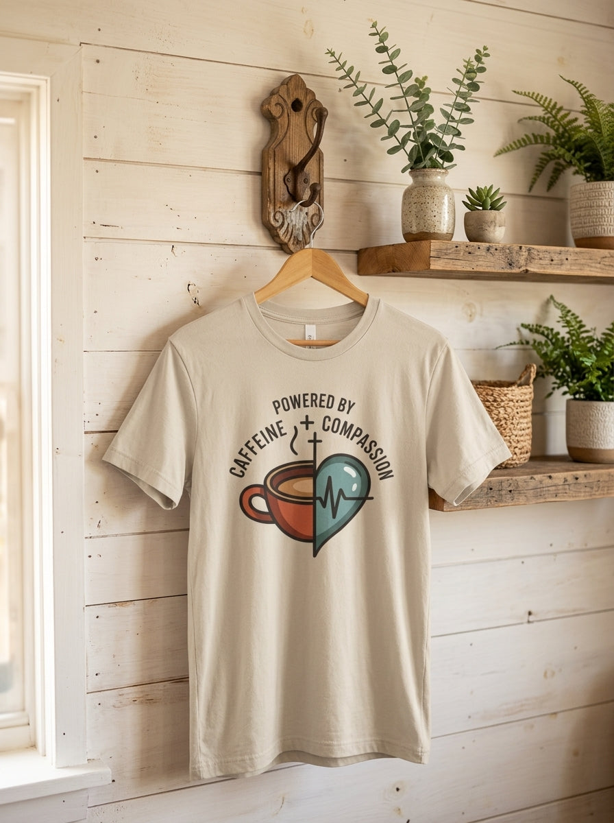 Powered By Caffeine and Compassion Nurse Shirt Coffee Lover RN Gift