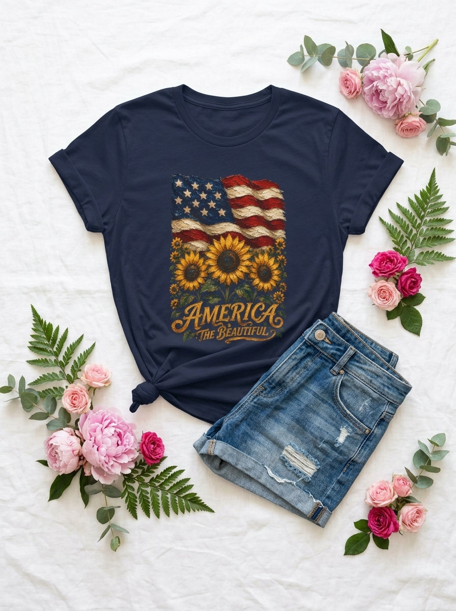 Women's America The Beautiful Sunflower Flag T-Shirt