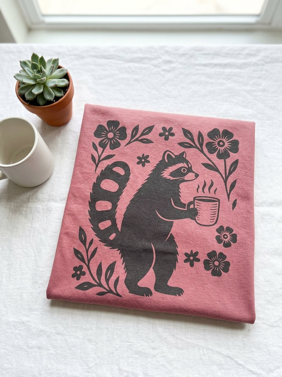 Raccoon Coffee Shirt Floral Folk Art Tee