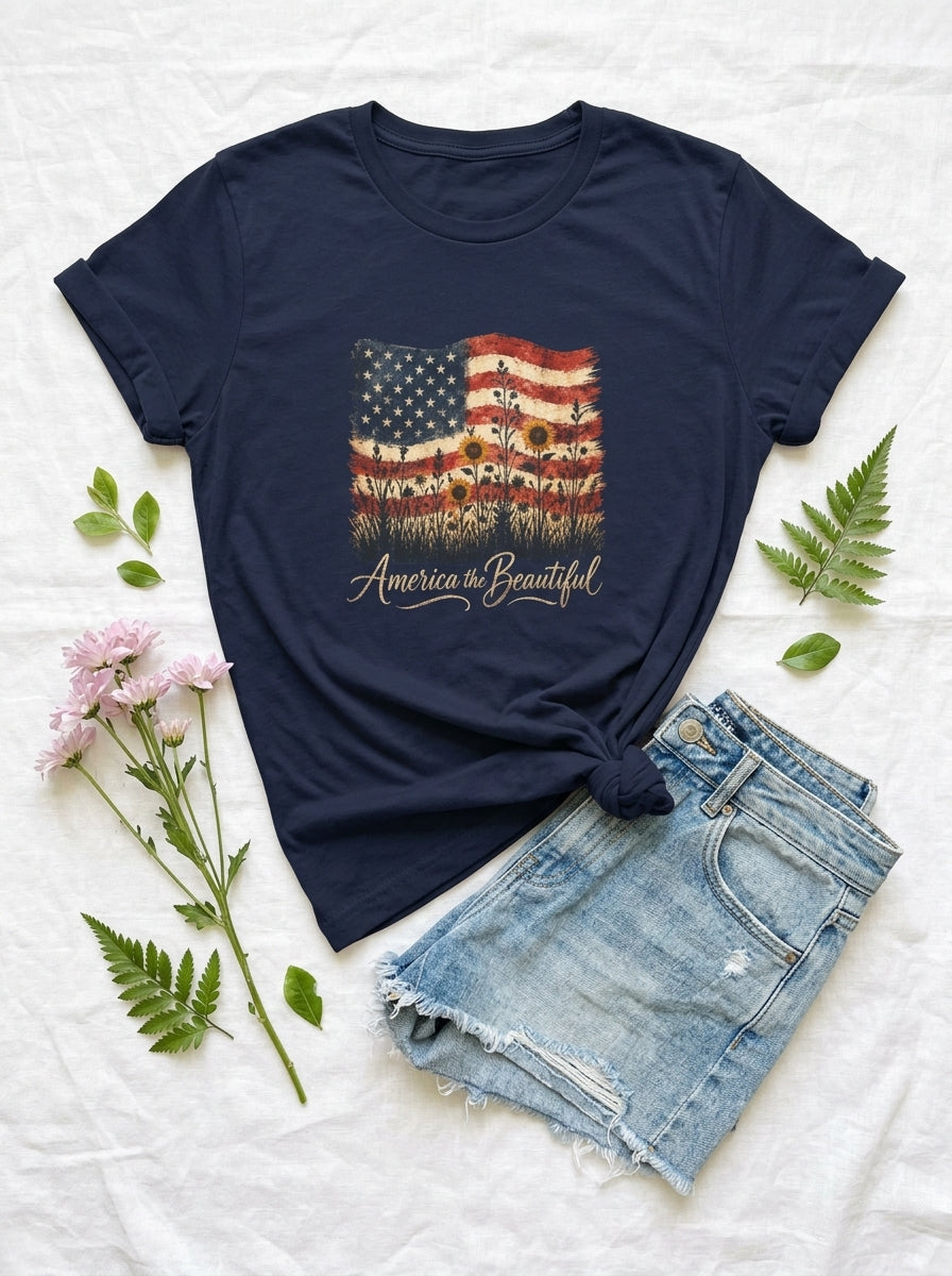 Women's America the Beautiful Shirt Vintage Flag Wildflowers