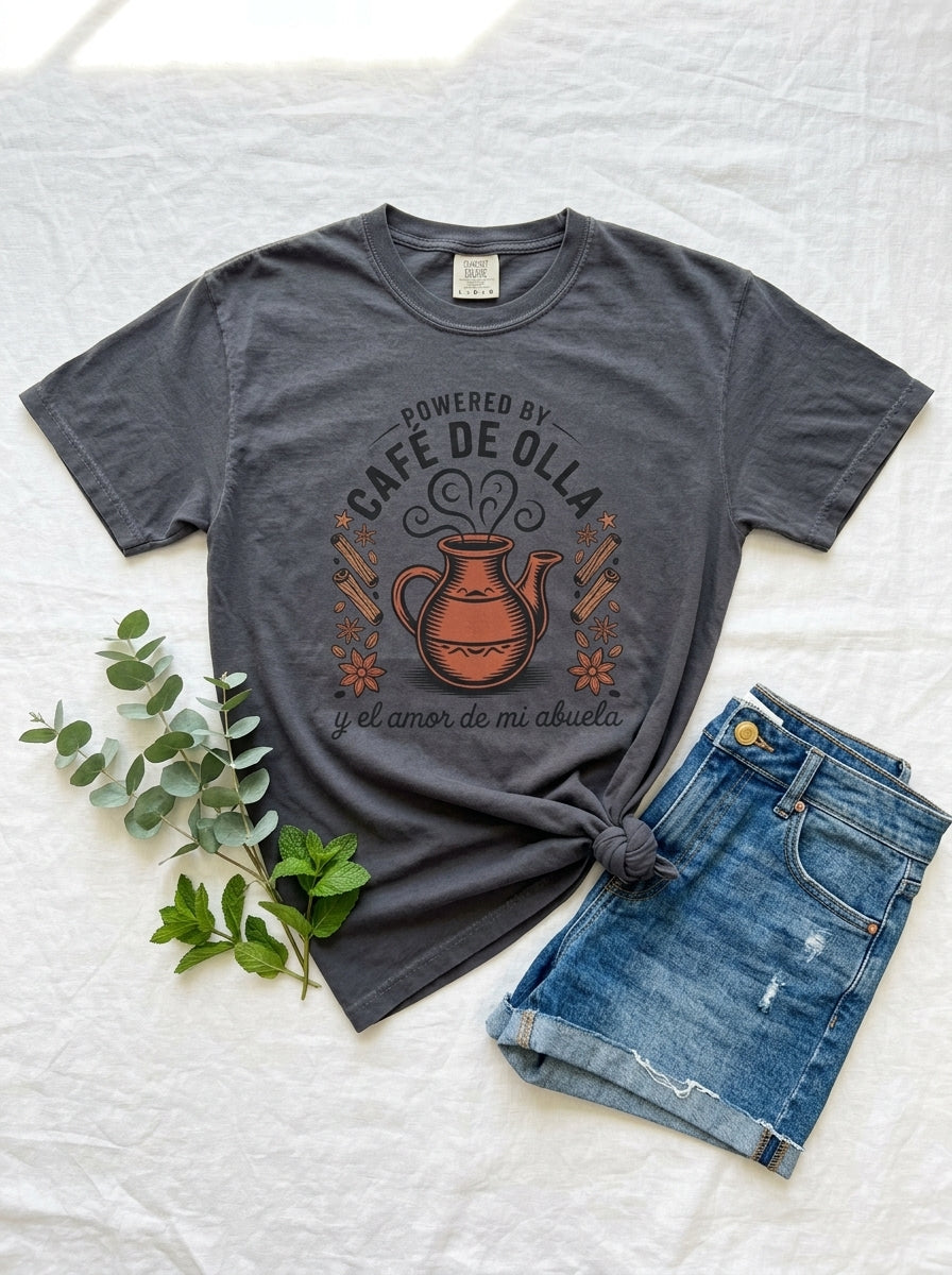 Powered by Café de Olla Shirt - Mexican American Heritage Coffee Tee