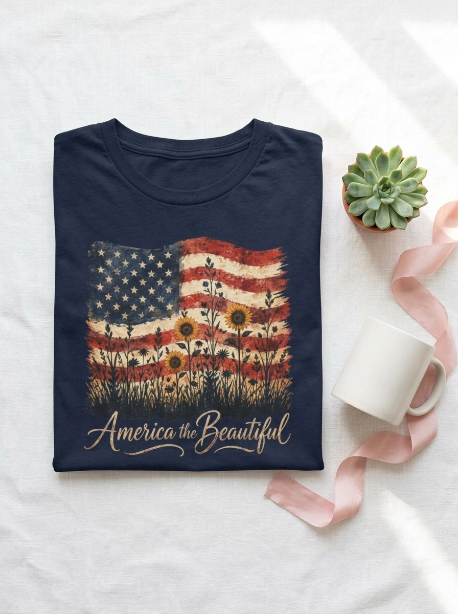Women's America the Beautiful Shirt Vintage Flag Wildflowers