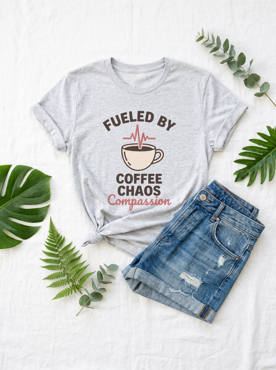 Nurse Coffee Shirt - Fueled by Coffee Chaos Compassion - RN Gift Tee
