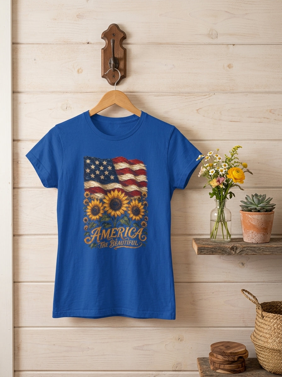 Women's America The Beautiful Sunflower Flag T-Shirt