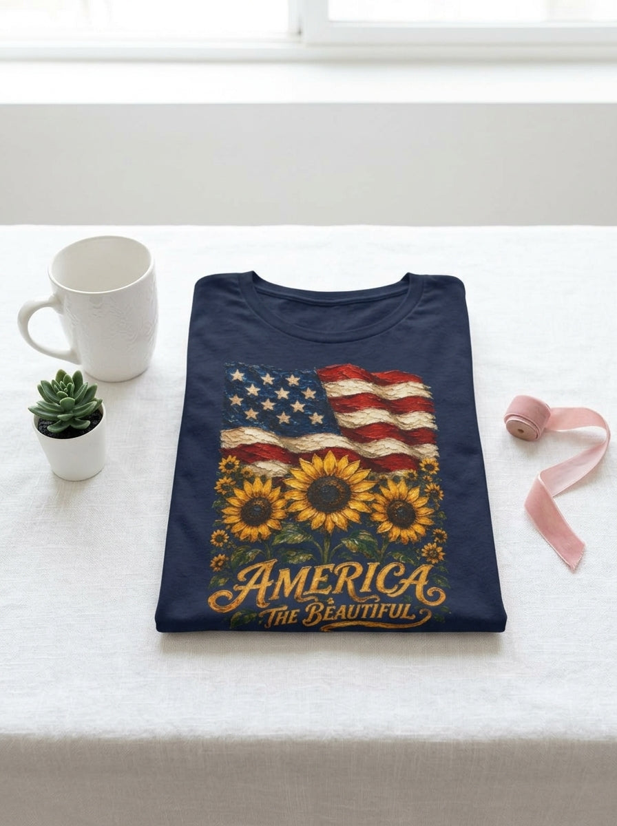 Women's America The Beautiful Sunflower Flag T-Shirt