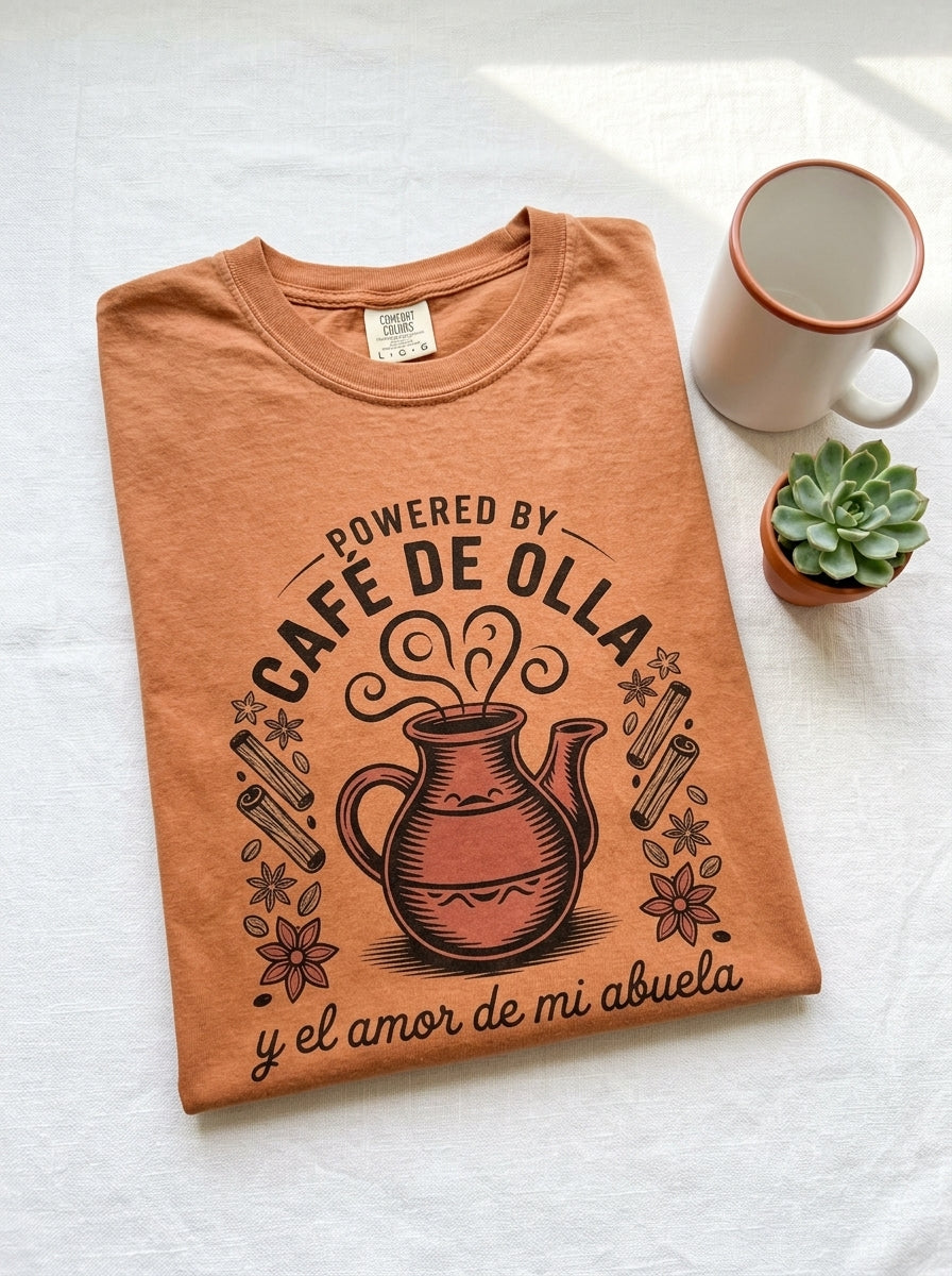 Powered by Café de Olla Shirt - Mexican American Heritage Coffee Tee