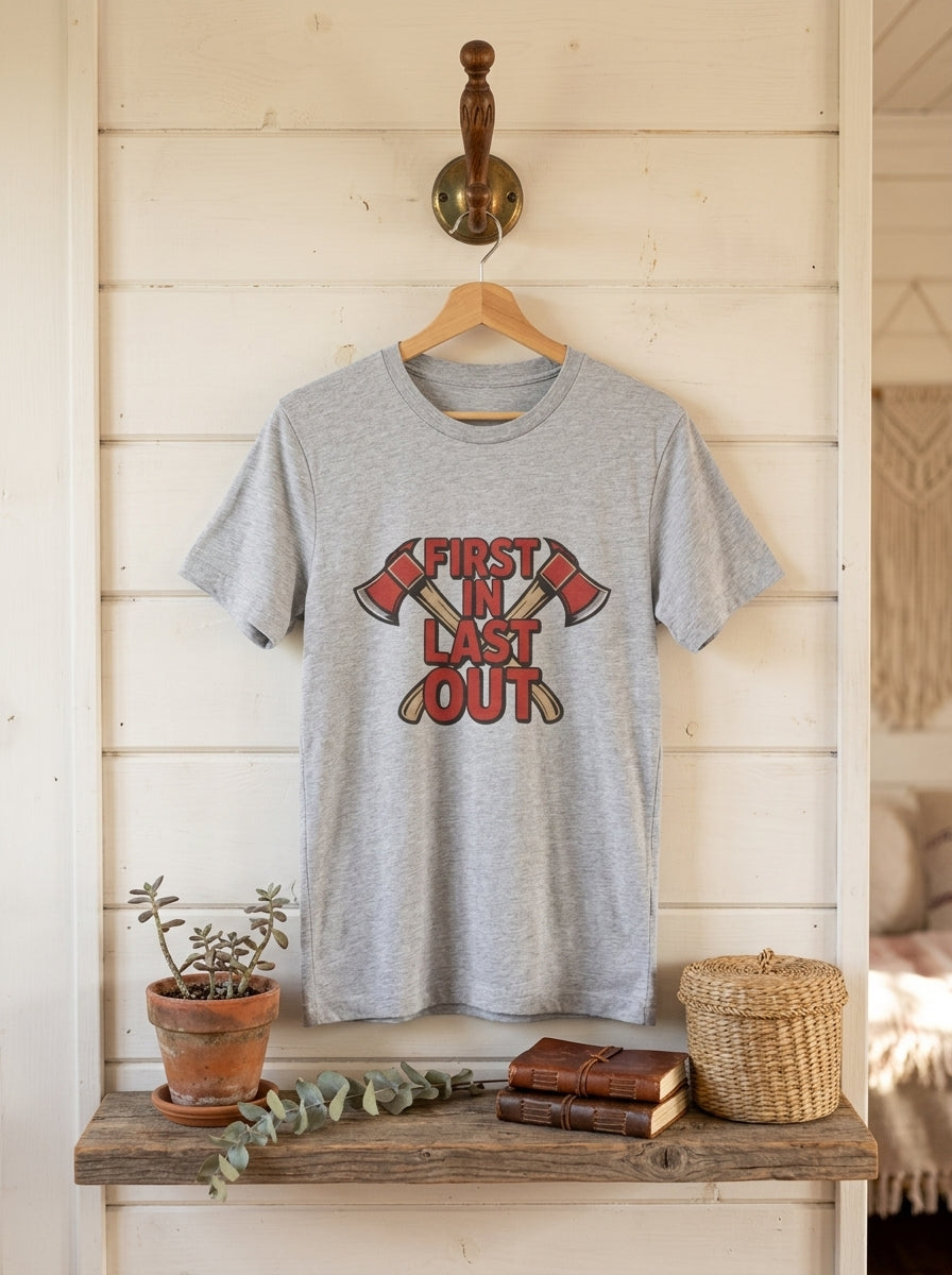 First In Last Out Firefighter Shirt - Fire Axes Graphic Tee Gift