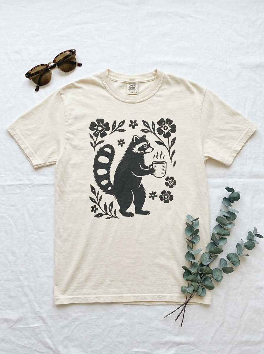 Raccoon Coffee Shirt Floral Folk Art Tee