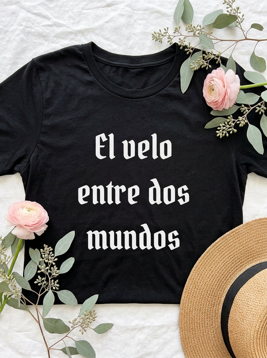 Women's El Velo Entre Dos Mundos Spanish Spiritual T-Shirt Latino Heritage Ancestral Mystic Tee