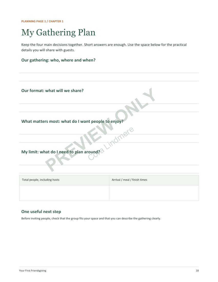 Watermarked preview of My Gathering Plan, a printable worksheet included in the Friendsgiving PDF bundle