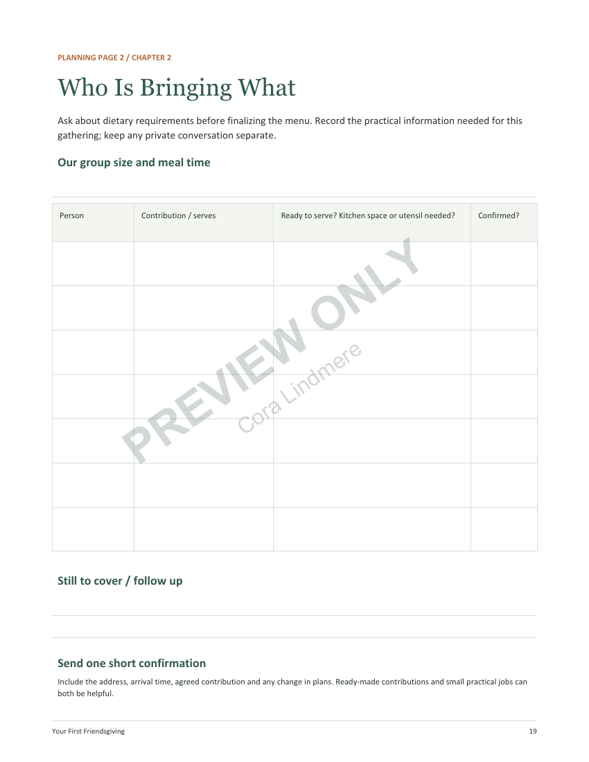 Watermarked preview of Who Is Bringing What, a printable worksheet included in the Friendsgiving PDF bundle