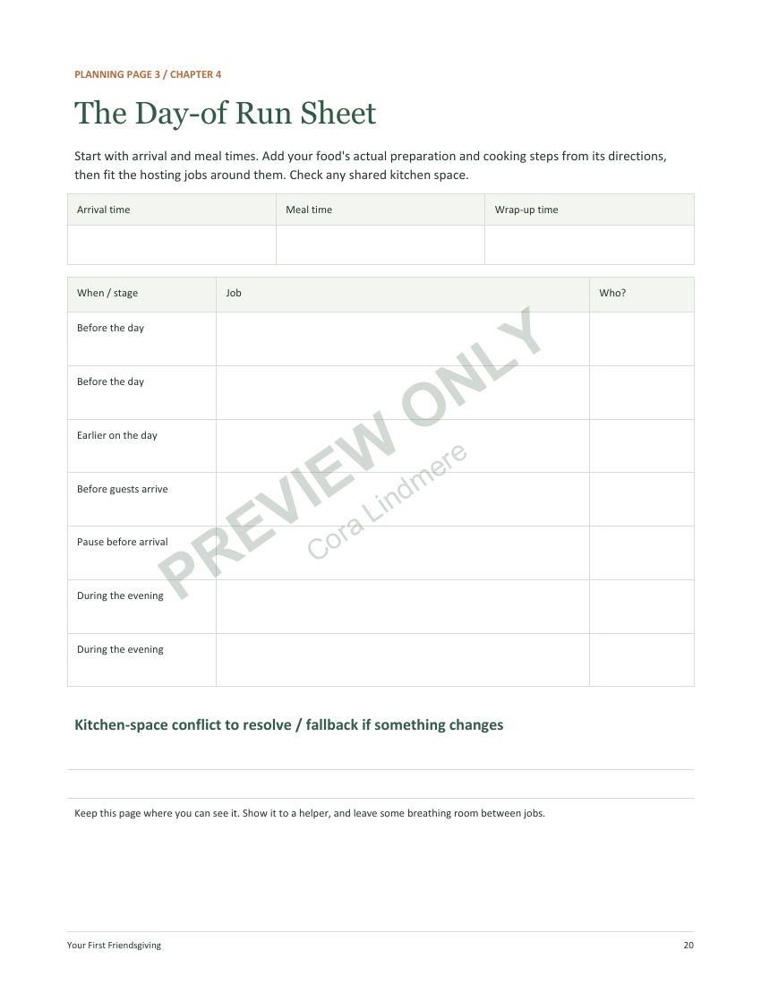 Watermarked preview of The Day-of Run Sheet, a printable worksheet included in the Friendsgiving PDF bundle