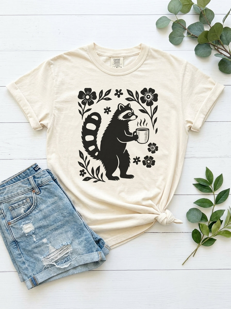Raccoon Coffee Shirt Floral Folk Art Tee
