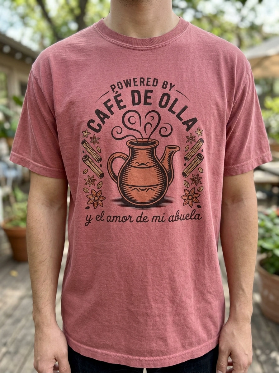 Powered by Café de Olla Shirt - Mexican American Heritage Coffee Tee