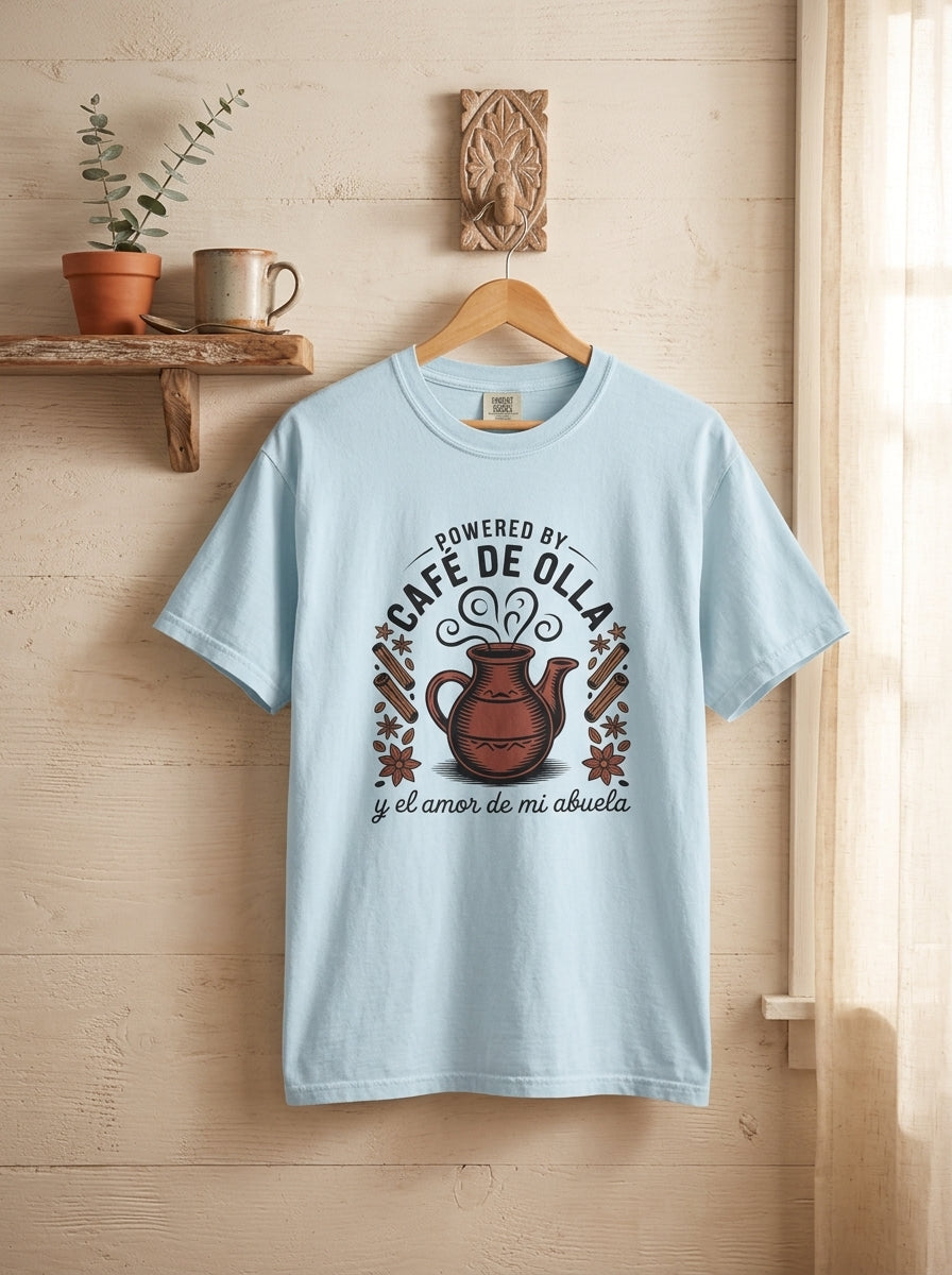 Powered by Café de Olla Shirt - Mexican American Heritage Coffee Tee