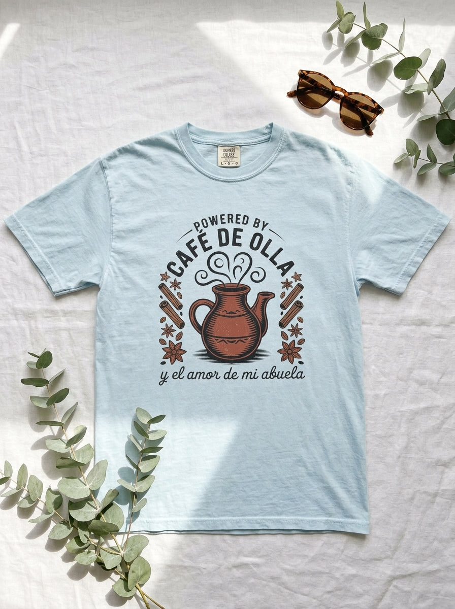 Powered by Café de Olla Shirt - Mexican American Heritage Coffee Tee