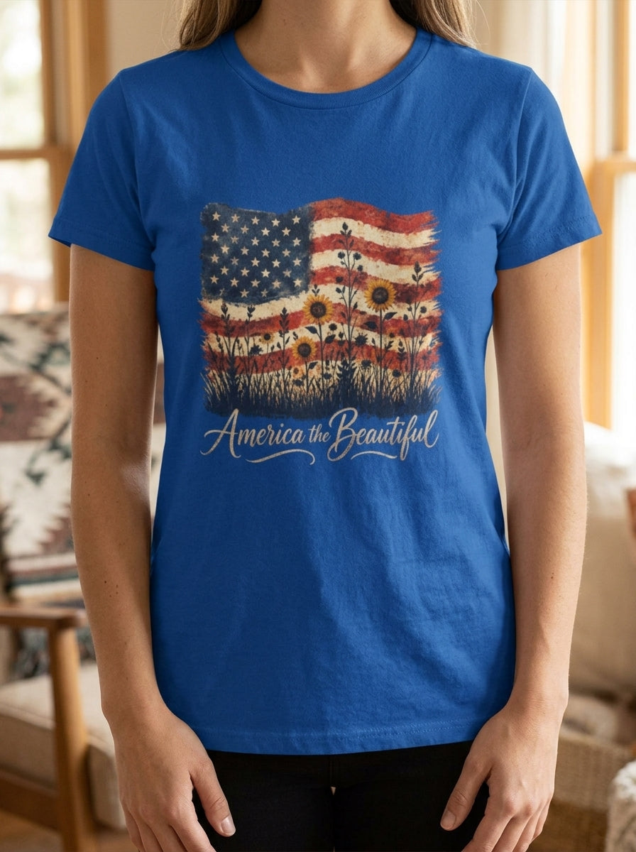 Women's America the Beautiful Shirt Vintage Flag Wildflowers