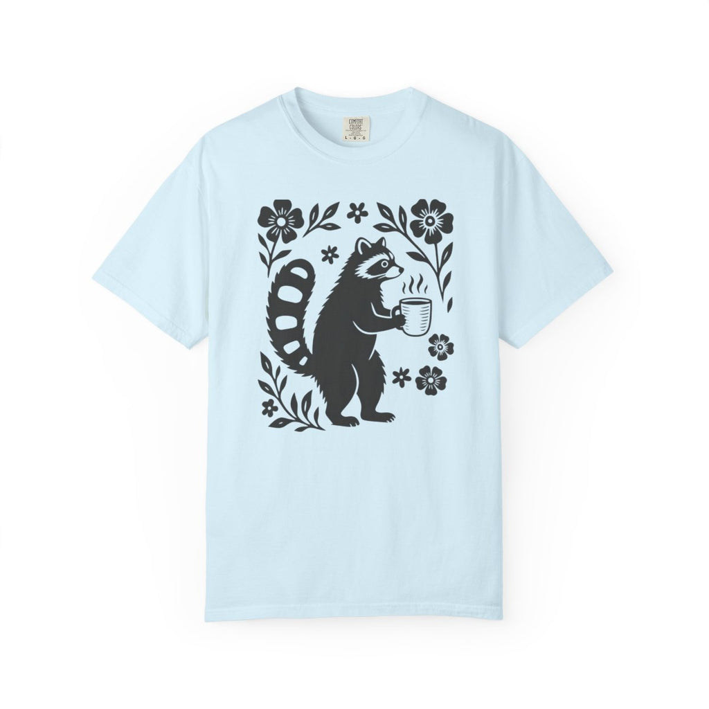 Raccoon Coffee Shirt Floral Folk Art Tee - Chambray