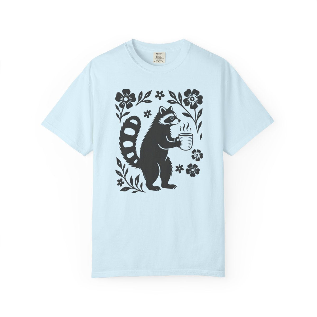 Raccoon Coffee Shirt Floral Folk Art Tee - Chambray