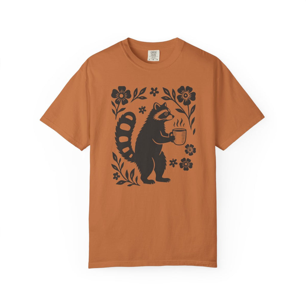 Raccoon Coffee Shirt Floral Folk Art Tee - Yam