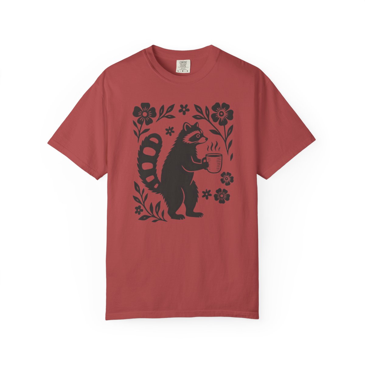 Raccoon Coffee Shirt Floral Folk Art Tee - Crimson