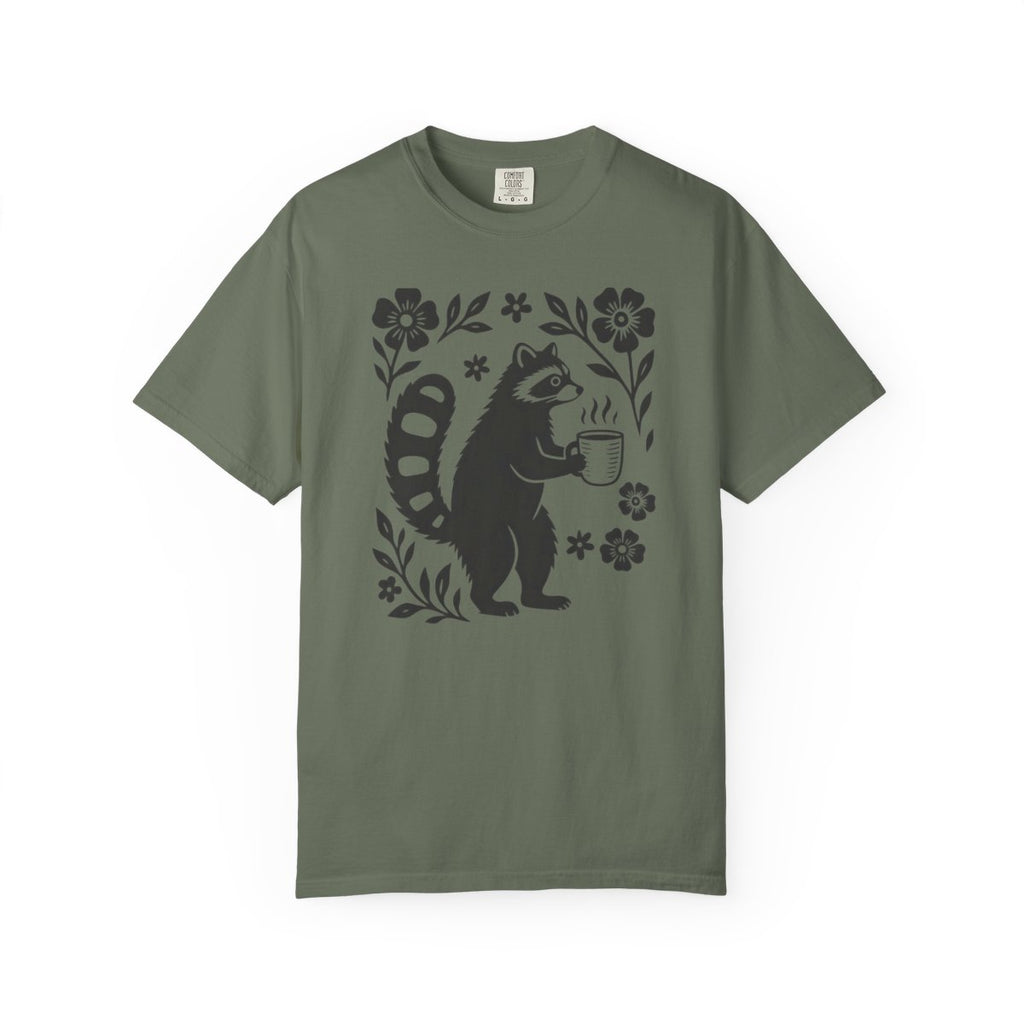 Raccoon Coffee Shirt Floral Folk Art Tee - Moss