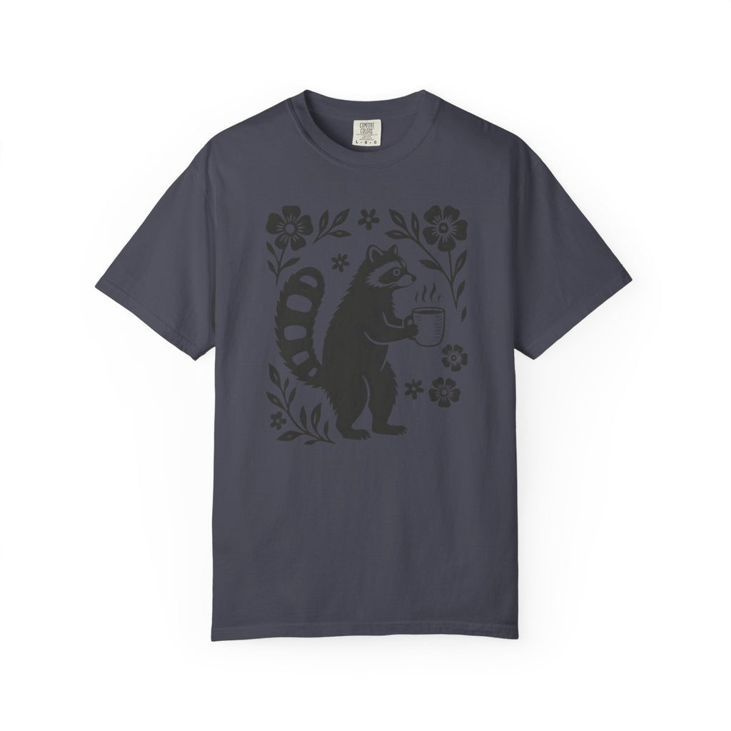 Raccoon Coffee Shirt Floral Folk Art Tee - Navy