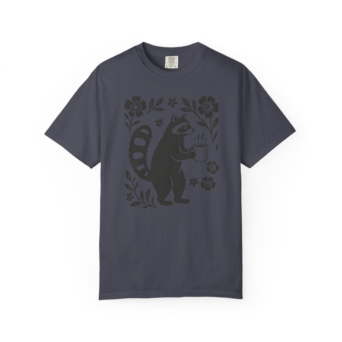 Raccoon Coffee Shirt Floral Folk Art Tee - Navy